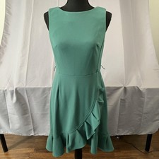 Calvin Klein Dress Womens 6 Green Sleeveless Ruffle Asymmetrical Hem Fitted Zip