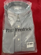 NWT Paul Fredrick 17.5/35 Tailored Fit Blue Stripe NI Snap Tab Collar Frnch Cuff