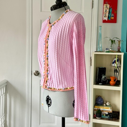 Vintage Voyage Bergdorf Goodman Pink Textured Cardigan w Colorful Trim (size M) - Picture 7 of 21
