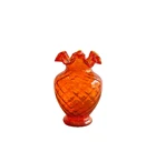 Art Glass Orange Fenton Ruffle Crimped Quilted Diamond Vase 6.5" Tall