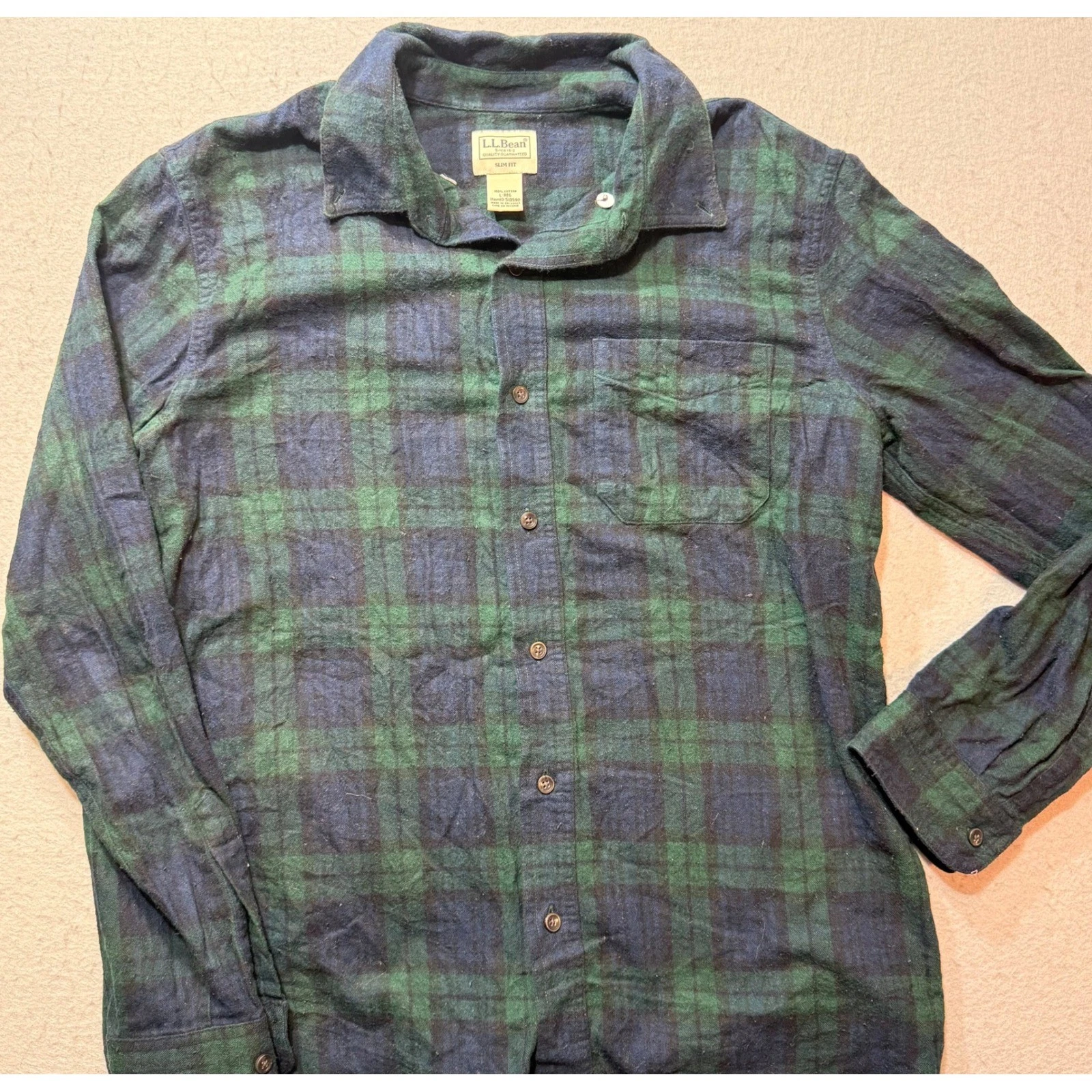 L.L. Bean Men's Slim Fit Flannel Shirt L Regular – Blue / Green Plaid Cotton