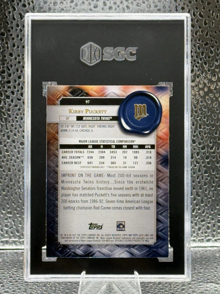 2022 TOPPS Gold Label KIRBY PUCKETT CLASS 3 Base Variation SSP MINNESOTA TWINS - Image 2 of 2