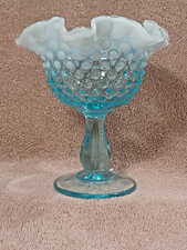 Vintage Fenton Art Glass Light Blue Opalescent Hobnail Ruffle Top Compote