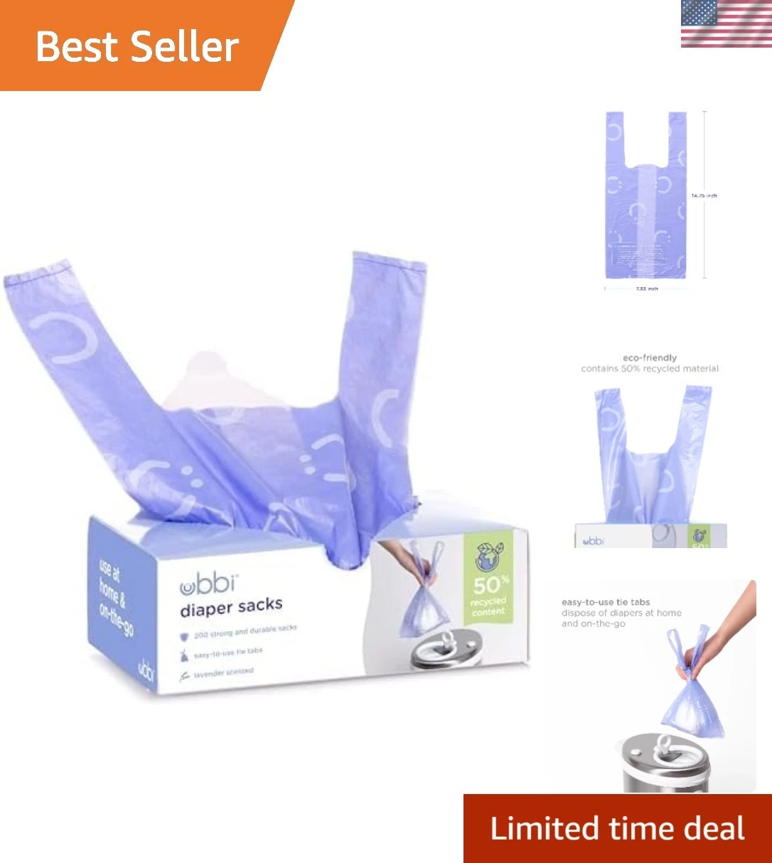 Ubbi Lavender Scented Disposable Diaper Sacks - Leak-Proof 200 Count Pack of 12