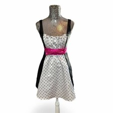 Vintage 80s Glam Cocktail Babydoll Dress Black White Polka Dot Size 5 Party