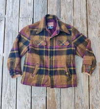 VTG 60s Sears Wool Jacket 40 Oakbrook Kings Road Plaid Purple Brown Mackinaw