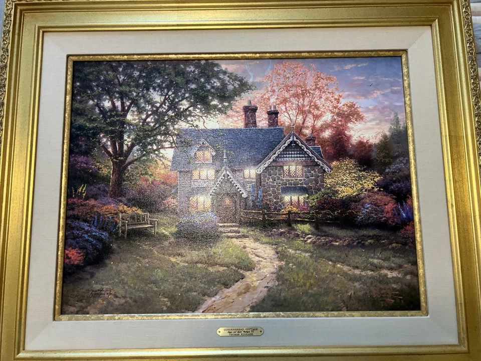 Thomas Kinkade Canvas Ep #103/250 Gingerbread Cottage MANO resaltado con certificado de autenticidad Foto 2 de 4