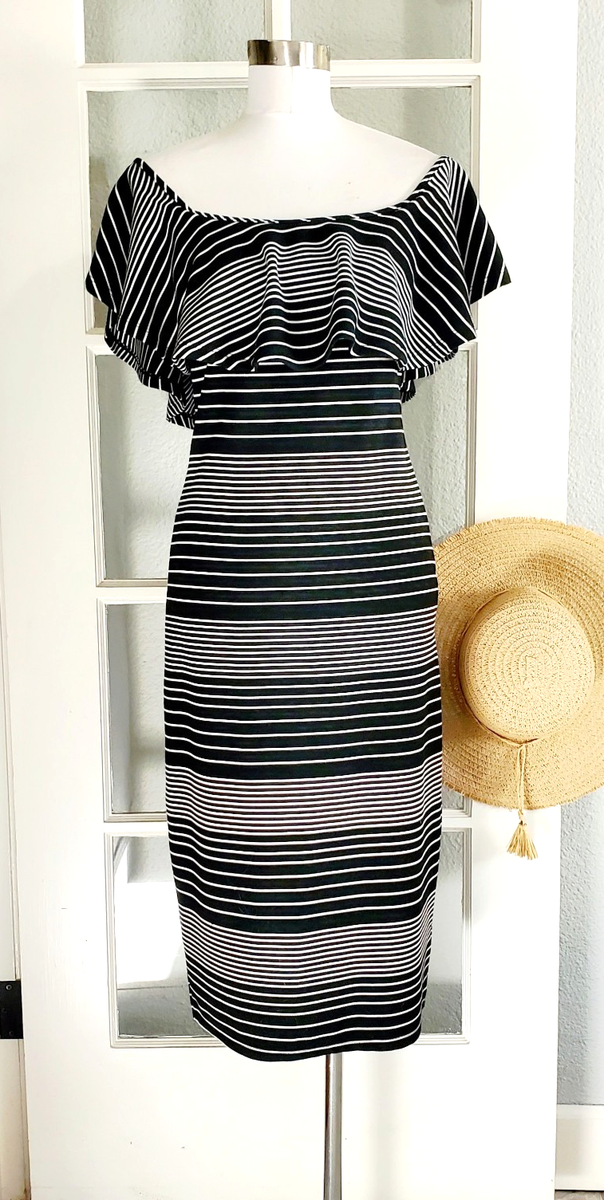 Romeo & Juliet Black & white stripe off the shoulder stretchy knit dress Sm