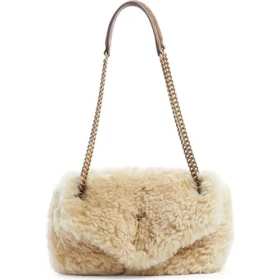 Borsa a tracolla Saint Laurent YSL Monogram Calypso in pelle di shearling con catena $3250