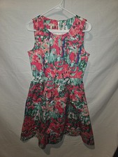 Talbots Women's Green Pink Sleeveless Pleated Dress Tea Length Zippered Size 6p