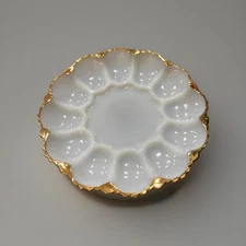 Anchor Hocking 1950s Fire King Milk Glass Deviled Egg Plate Dish 22K Gold Trim