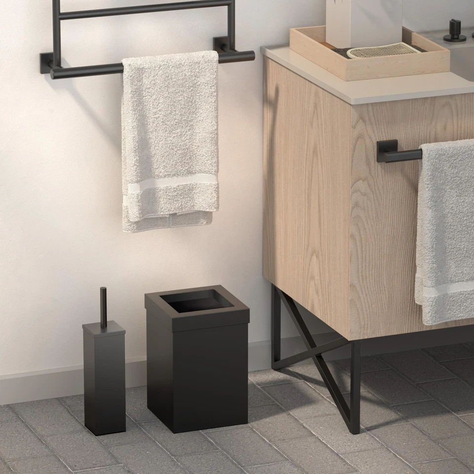Moderno Juego de Cesta de Residuos Cuadrada y Cepillo de Inodoro, Negro Mate - Acero Inoxidable... Foto 4 de 4