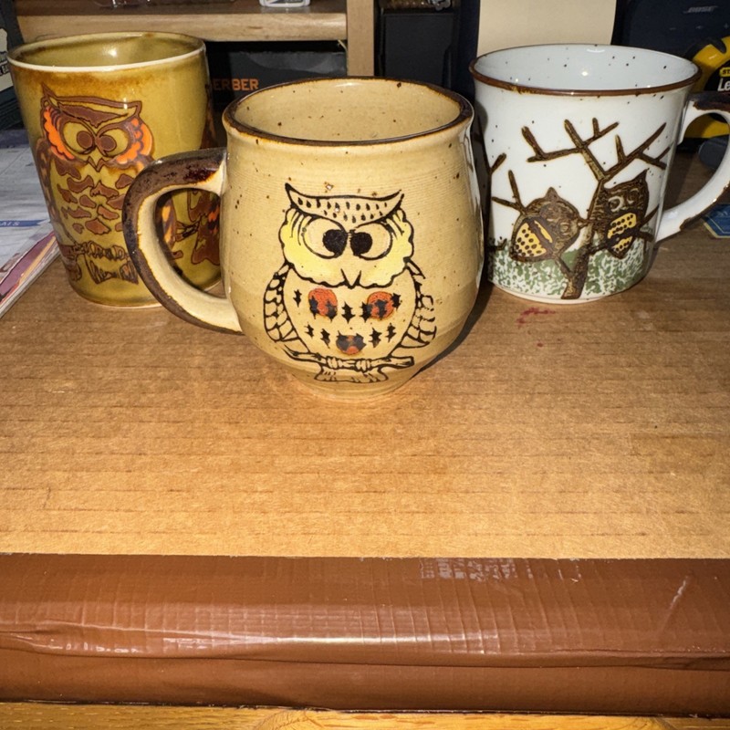 Vintage Stoneware Owl Mugs Vintage 1970 All In Excellent Condition Lot Of 3 ￼￼
