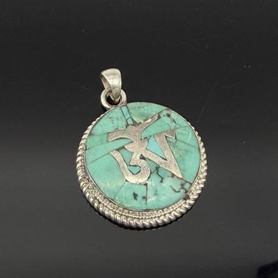 Vintage Sterling Silber Türkis Inlay Om Anhänger 925 Tibetisches Spirituelles Amulett
