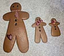 Lot of 3 Gingerbread Men Family Hard Resin Ornaments Farmhouse Country 15" 7" 5"