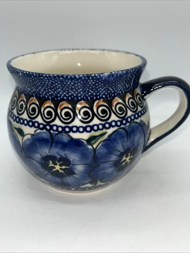 Vtg Polish Pottery Coffee Mug Tea Cup Blue Flower Floral Unikat Signed M Koman