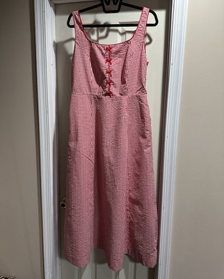 Red/White Gingham Cotton Woven Midi Sundress Button Front Pockets. Size 12.