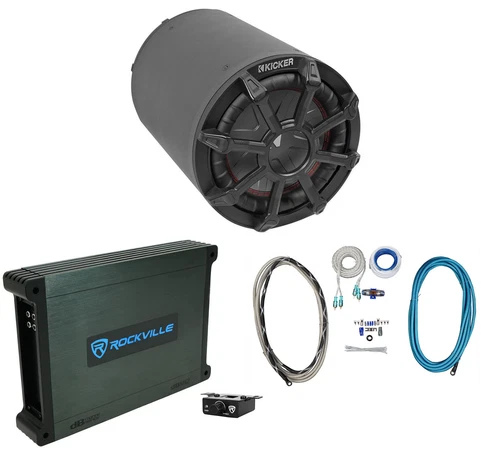 KICKER 46CWTB82 TB 8" 600w Marine Loaded Subwoofer Enclosure+Mono Amp+Wire Kit