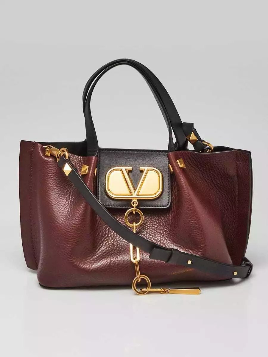 Valentino Burgundy Black Pebbled Leather V Logo Escape Small