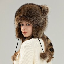 Adult Real Raccoon Fur Hat Russian Trapper Hunter Hat Warm Outdoor Earlap Cap