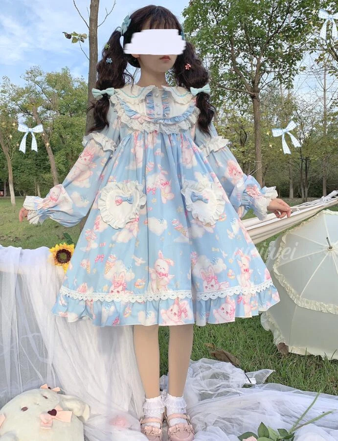 Sweet Moe Rabbit Women's Lolita OP Dress Long Sleeve Peter Pan Collar One  Piece