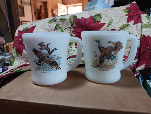 Set of 2 Vintage FIRE KING Glass Ruffled Grouse Wildlife Coffee Mugs Cups USA