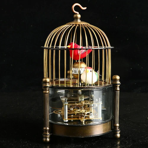 Exquisito reloj mecánico de latón - forma de jaula de pájaros dos pájaros Aroud Moving - Imagen 3 de 7