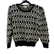 Vtg Bonnie & Bill NY Black White Beaded Sweater Lambswool & Angora Women Medium