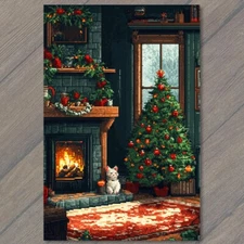 Art Print Festive Cats Christmas Tree Cozy Living Room Holiday Fireplace 8 Bit