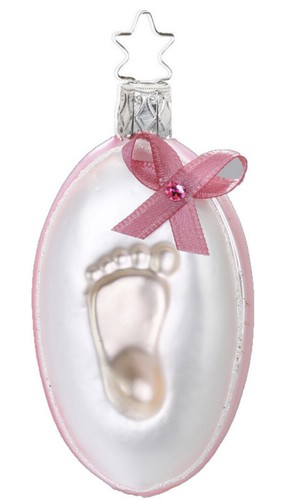 New Inge Glas Baby's First Christmas Glass Ornament Foot Print Pink Girl Germany - Picture 7 of 8