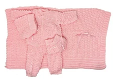 Crochet Baby Blanket and Hat Newborn Outfit Set Mittens Pants Sweater Pink