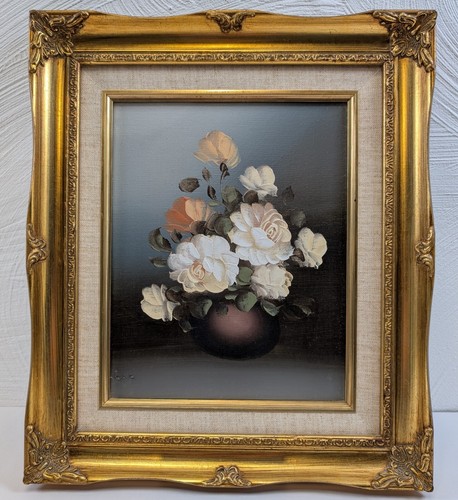 Vintage Öl auf Leinwand Stillleben Gemälde Rosen in Vase in vergoldetem Rahmen 14x12 Zoll