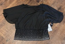 ✨ MSK Metallic Black Blouse Women’s 1X NWT 💎 Pearls & Rhinestones 🖤