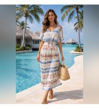 Gypsies & Moondust Dress M Boho Tie Dye Smocked Waist Resort Summer Flowy Pastel