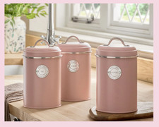 Image of NEXT Set of 3 Pink / Silver Badge Tea Coffee Sugar Storage Tins Jars Cannisters