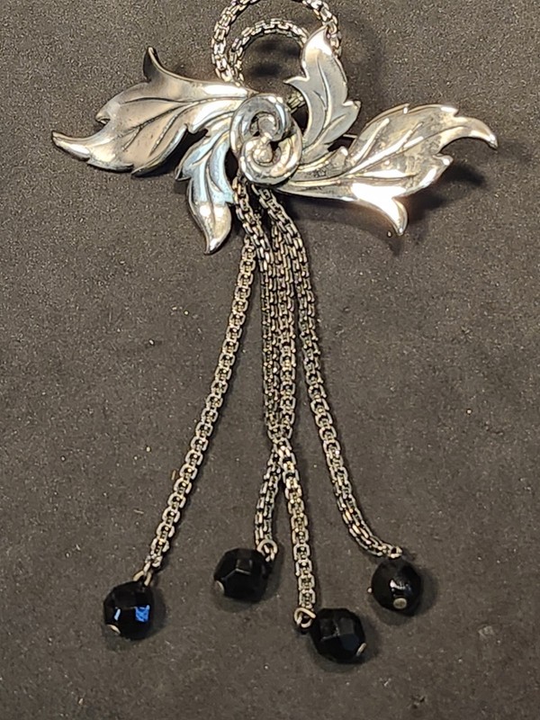 La Guta Brooch Pin Vintage Italy Wide Leaf Dangling Chains Beads 5"