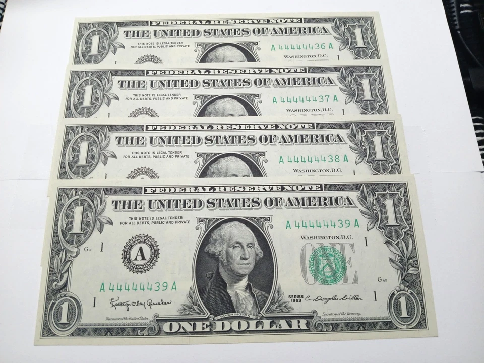 RARE lot of (4) UNC. 1 $ Bills in Sequential Order. leading 6 of a kind (4's) - Image 3 of 4