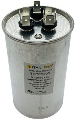 Titan Pro  Motor Run Capacitor | Round | 60 + 3 MFD | 370/440 Volt | TRCFD603
