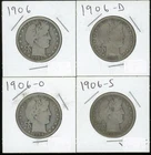 (4) Coins - 90% Silver Barber Half Dollars 1906-P, D, O + S
