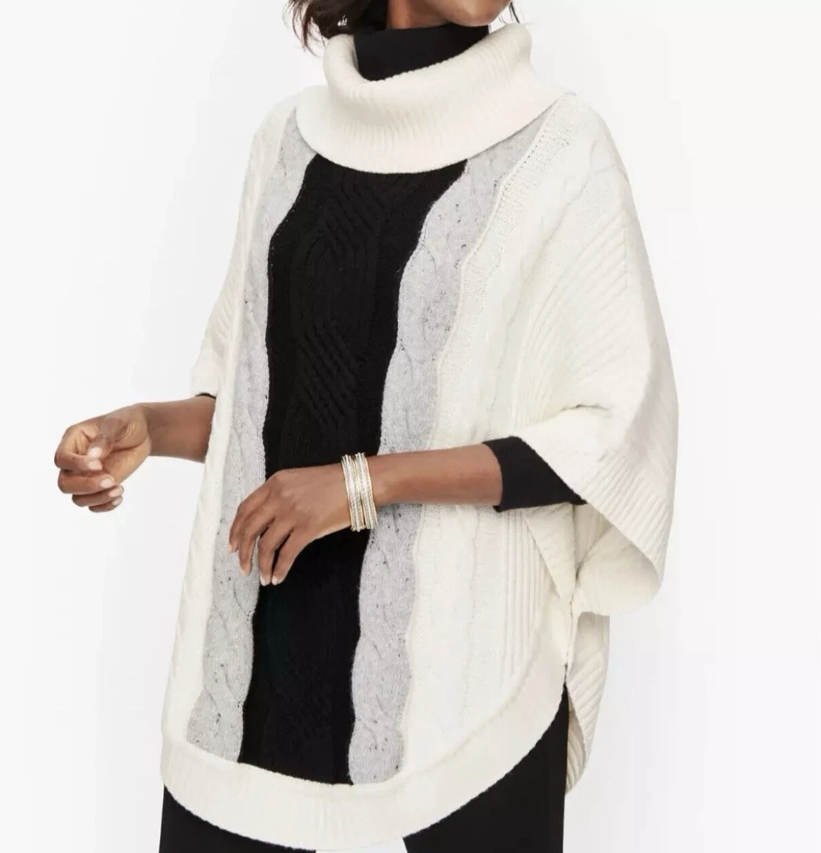 Talbots Ivory Black Cable Knit Cowl Neck Poncho Sweater Medium NWT $129