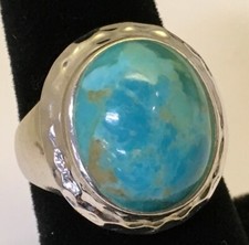 925 Hammered Sterling Silver NF OVAL Turquoise Cabochon Ring Sz 7