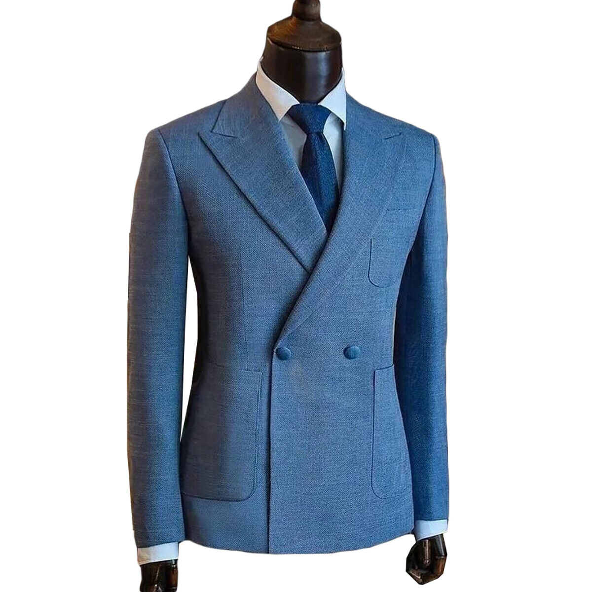 Blue Men Suit Double Breasted Blazer Regular Slim Fit Tuxedos Peak Lapel Wedding - Picture 11 of 11