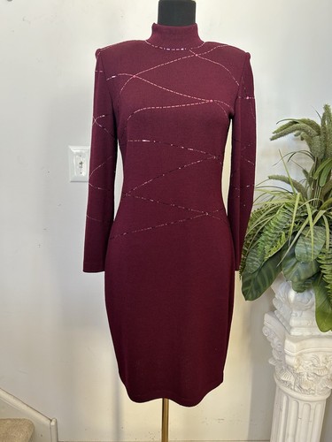 St. John Evening Crystal Burgundy Wine Santana Wool Sheath Dress 4, $1,245 - Picture 2 of 12