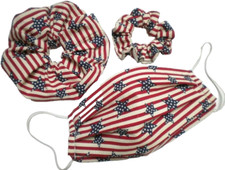 ADULT FACE MASK  SCRUNCHIE SET 100 COTTON MADE IN USA PATRIOTIC STARS STRIPES