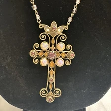 Vintage Sweet Romance Ornate Intricate Cross Pink Crystal Cross Necklace 36”