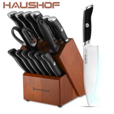 HAUSHOF Kitchen Knife Set 15PCS Stainless Steel Knife Set w/ Sharpener Rod Block