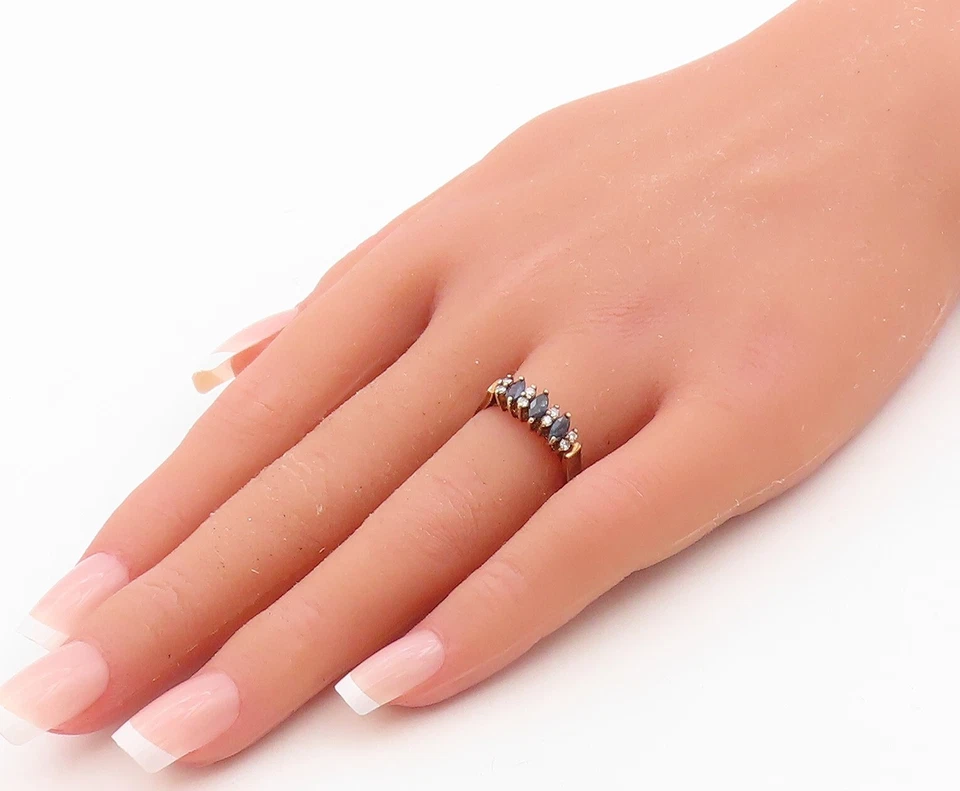 14K 黄金复古戒指侯爵夫人切割蓝宝石和真钻石镶嵌尺寸 6.5 GR978 — 第 3/4 张图片