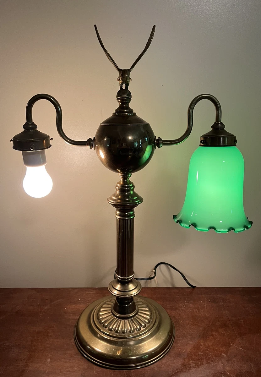 Antique Brass Lamp Rare Double Light with One Green Glass Shade Eagle On Top