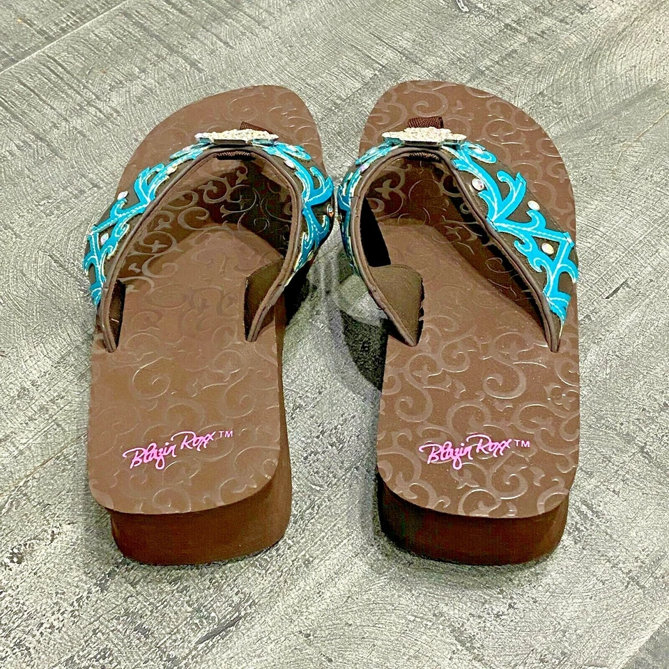 Sandalias de cuña Blazin Roxx para mujer talla 7 marrón aguamarina cruzada 4117602 Foto 3 de 4