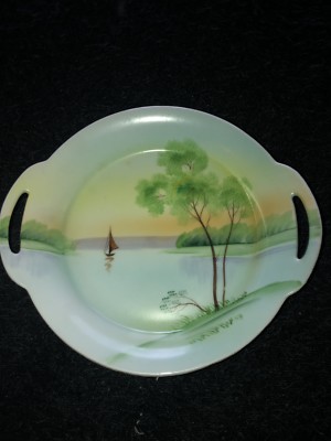 VINTAGE MEITO CHINA SERVING PLATE Tree Sailboat Open HANDLES HandPainted Scene